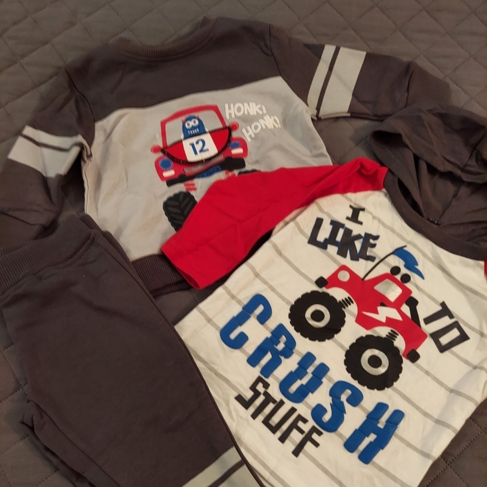 3 Piece Nannette Red and Gray Monster Truck Hoodie Set